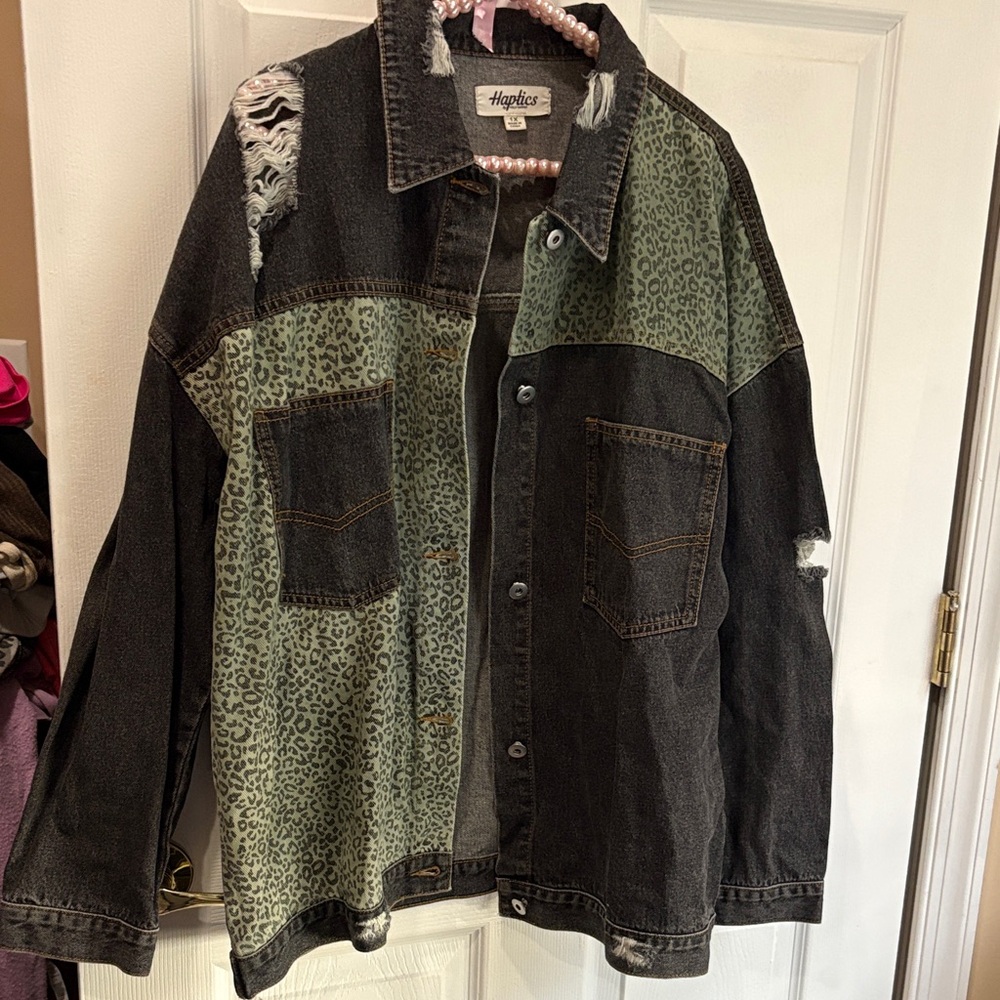 Haptics distressed denim and green animal print jacket NWOT